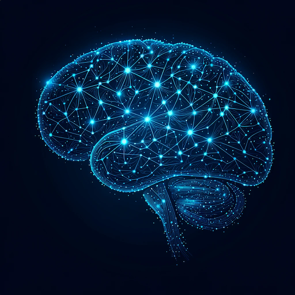 Intelligenz kommt vom einem Gehirn, dargestellt durch Nervenbahnen mit Knotenpunkten.