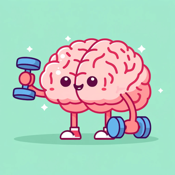 Illustration eines Gehirns, das mit zwei Kurzhanteln trainiert als Symbol, das Gedächtnis zu trainieren.