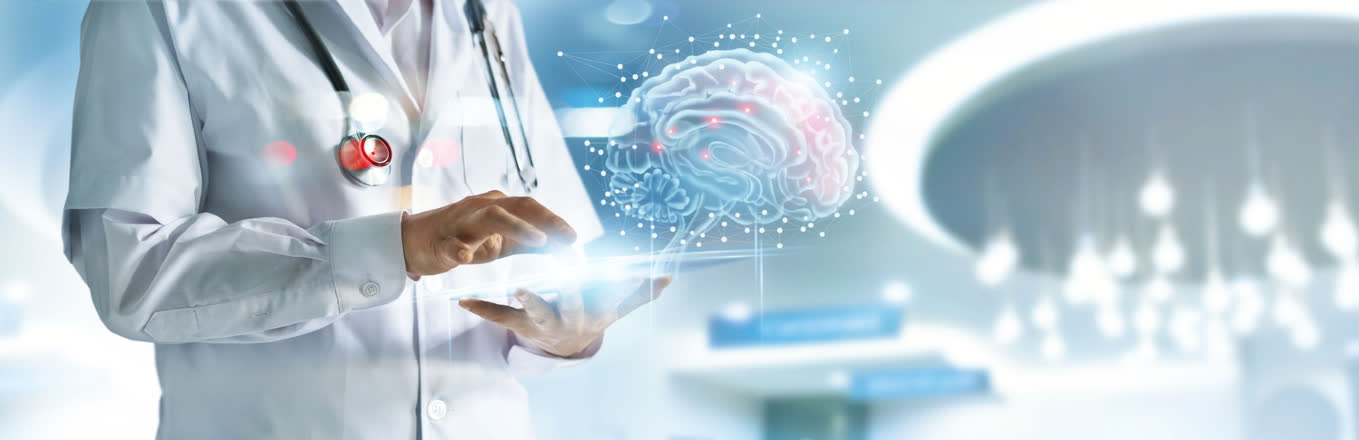 Scientists with a NeuroNation tablet and a virtual brain