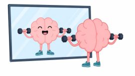 Ihr Gehirn im Porträt: Aufbau, Aufgaben & Gehirngesundheit 🧠 Cartoon pink brain lifting dumbbells while looking at its reflection in a mirror, wearing teal sneakers as a fitness analogy for brain exercise