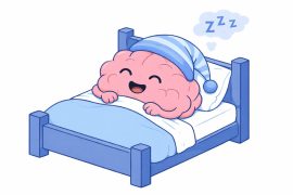 Ein guter Schlafrhythmus für ein gesundes Gehirn! Cartoon brain sleeping in a blue bed with a striped night cap, smiling as Zs float above indicating sleep.